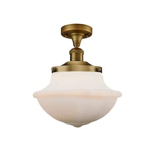 Oxford 11.75 in. 1-Light Brushed Brass Semi-Flush Mount with Matte White Glass Shade