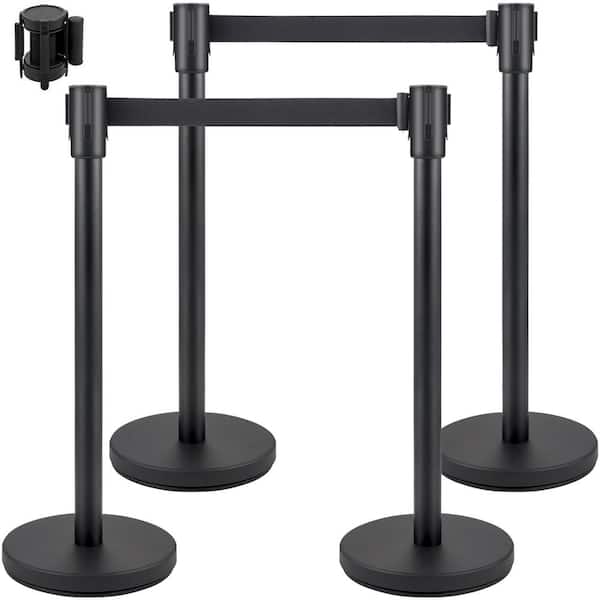 VEVOR Crowd Control Stanchion 6.6 ft. Black Retractable Belt Stainless Steel Safety Barriers with Metal Base, Black (4-Pack)