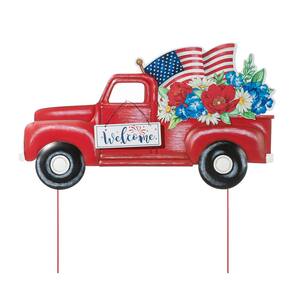 22 in. H Metal Patriotic/Americana Red Truck Yard Stake or Wall Decor (KD, 2 Function)