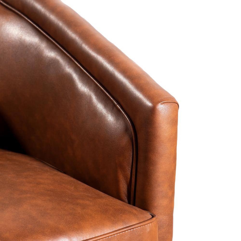 Brown Faux Leather Swivel Barrel Chair with Wood Base