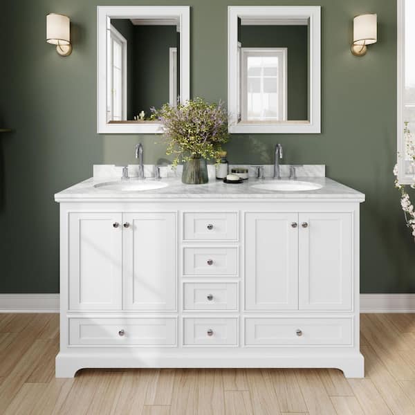Wyndham Collection Deborah 60 in. Double Vanity in White with Marble Vanity Top in White Carrara with White Basins and 24 in. Mirrors
