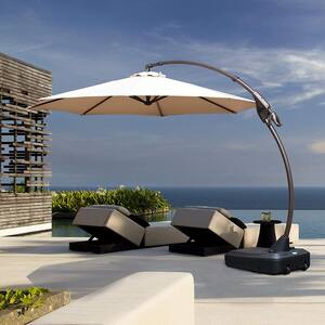 11 ft. Aluminum Cantilever Tilt Patio Umbrella in Beige With Base UV-Protection for Outdoor Table Deck Pool