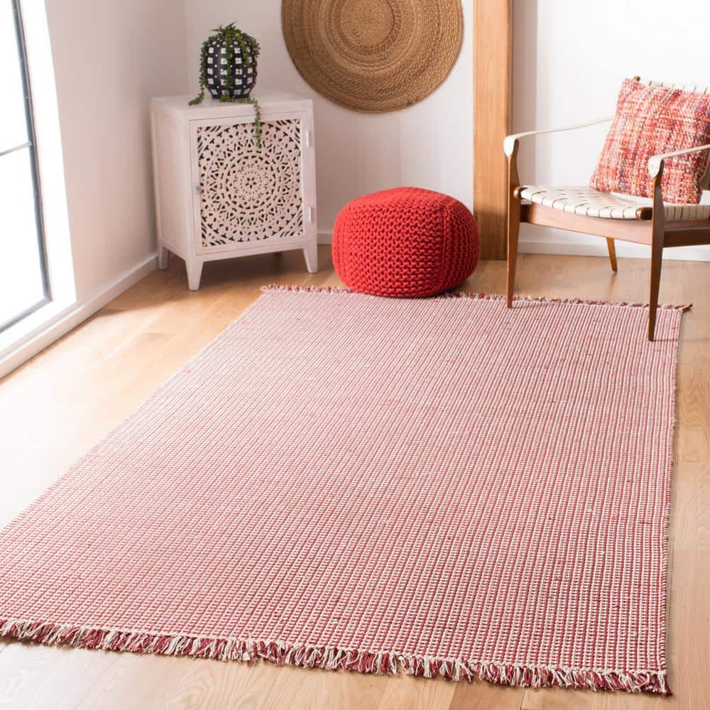 Ivory and Red Cotton 4' Square Handwoven Montauk Rug