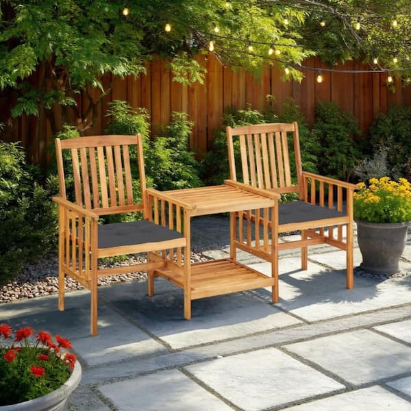 Modern Brown 3-Piece Acacia Wood Outdoor Dining Set with Anthracite Gray Cushions