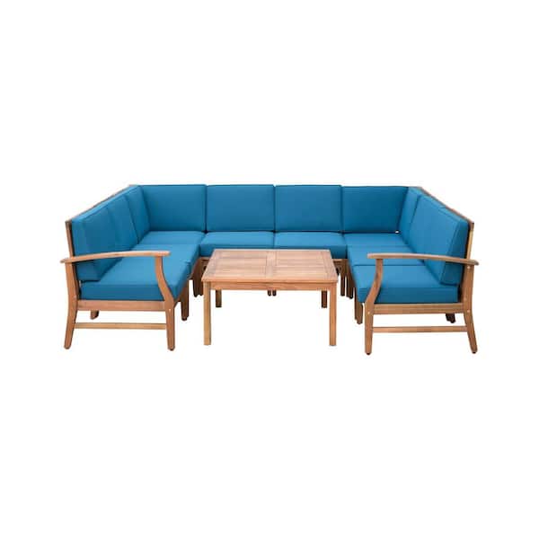 Noble House Giancarlo Teak Finish 9-Piece Wood Outdoor Sectional Set with Blue Cushions