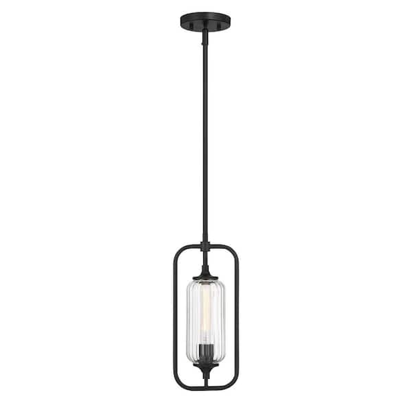 Holton 6.5 in. W x 15.25 in. H 1-Light Matte Black Mini-Pendant Light with Clear Ribbed Glass Shade, No Bulb Included