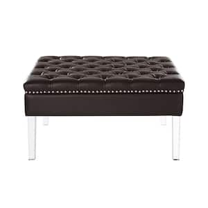 Skye Espresso/Silver PU Leather Button Tufted Nailhead Trim Acrylic Leg Square Cocktail Table Ottoman