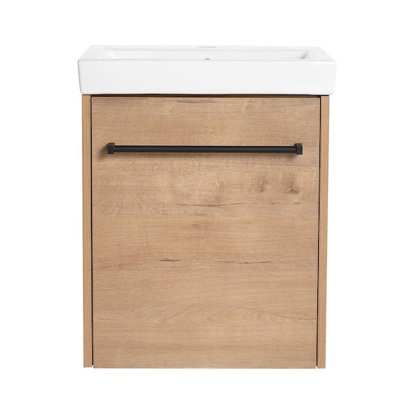 18 in. Wall-Mounted Single Oak Bath Vanity with White Ceramic Vanity Top Assembled