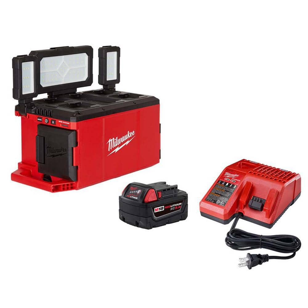 M18 18-Volt Lithium-Ion Cordless PACKOUT 3000 Lumens LED Light w/5.0Ah Battery Starter Kit -  Milwaukee, 48-59-1850-2357