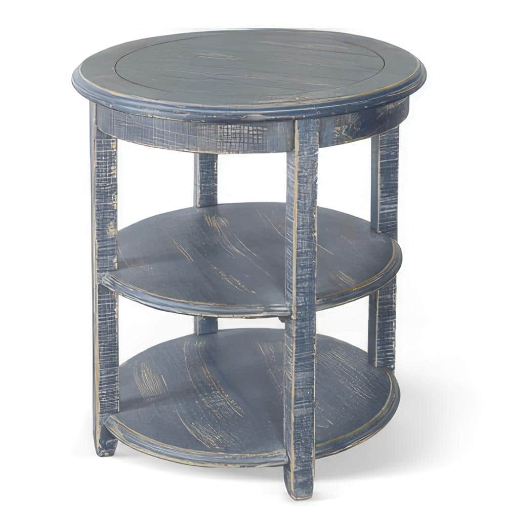 Distressed Blue Mahogany Round Side Table with Scalloped Trim