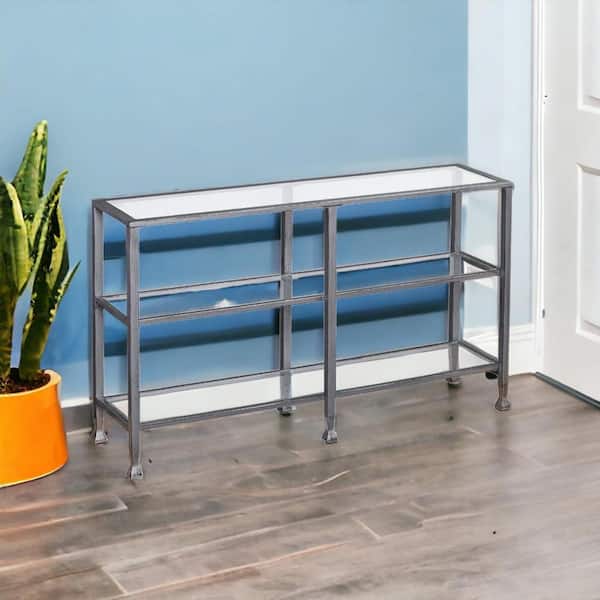 HomeRoots 52.5 in. Silver Rectangle Glass Console Table with Shelves Distressed