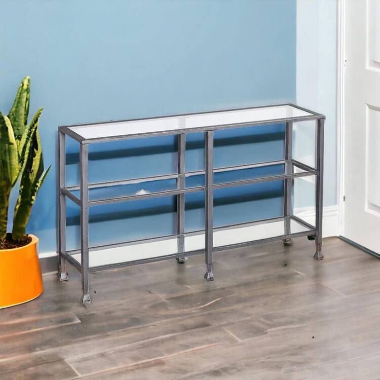 HomeRoots 52.5 in. Silver Rectangle Glass Console Table with Shelves Distressed