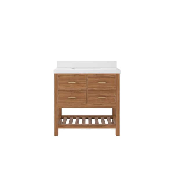 Willow Collections Parker Teak 36 in. W x 22 in. D x 36 in. H Single Sink Bath Vanity Center in Golden Teak with 2 in. White Qt. Top