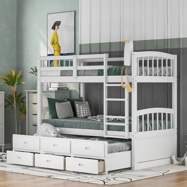 White Twin Over Twin Bunk Bed with Ladder and Storage Drawers, Wood Bunk Bed with Safety Rail and Trundle for Kids