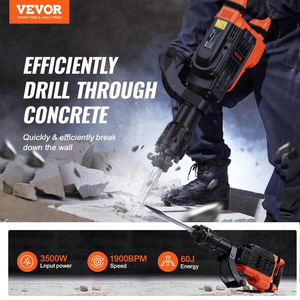 Demolition Jack Hammer, 29 .72 in. x 6.5 in. 3500-Watt Chisel with Gloves and 360°C Swiveling Front Handle (2-piece)