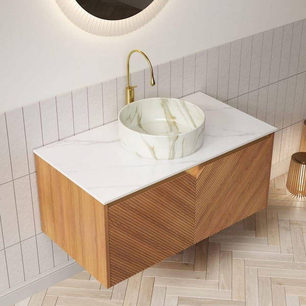 35.83 in. Single Sink Floating Oak-Finish Bath Vanity with White Sintered Stone Top and Carrara-White Sink