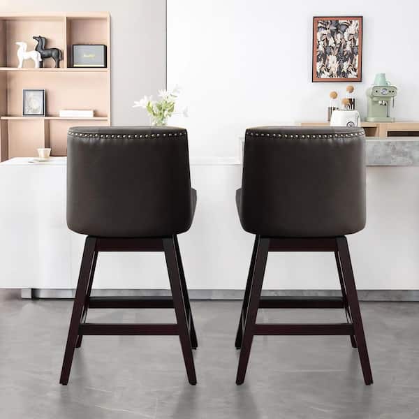 Grey PU Leather 360° Swivel Bar Stool with Button Back and Nailhead Trim