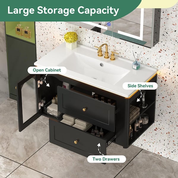 36 in. Floating Black Bath Vanity with White Ceramic Top Unassembled, Sensor Light with Built-in Outlet