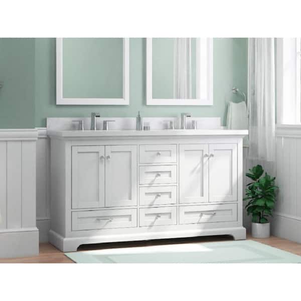 Bluestern 60 in. Double Sink Freestanding White Bath Vanity with White Natural Veining Engineered Stone Top (Assembled)