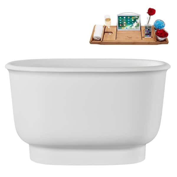 Streamline 47 in. x 30 in. Acrylic Freestanding Soaking Bathtub in Glossy White with Matte Oil Rubbed Bronze Drain, Bamboo Tray