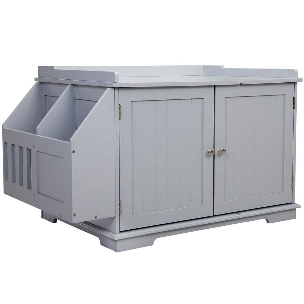 33.67 in. Gray Wooden Cat Litter Box Enclosure with Magazine Rack