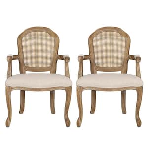 McKone Beige and Natural Wood and Cane Upholstered Dining Arm Chair (Set of 2)