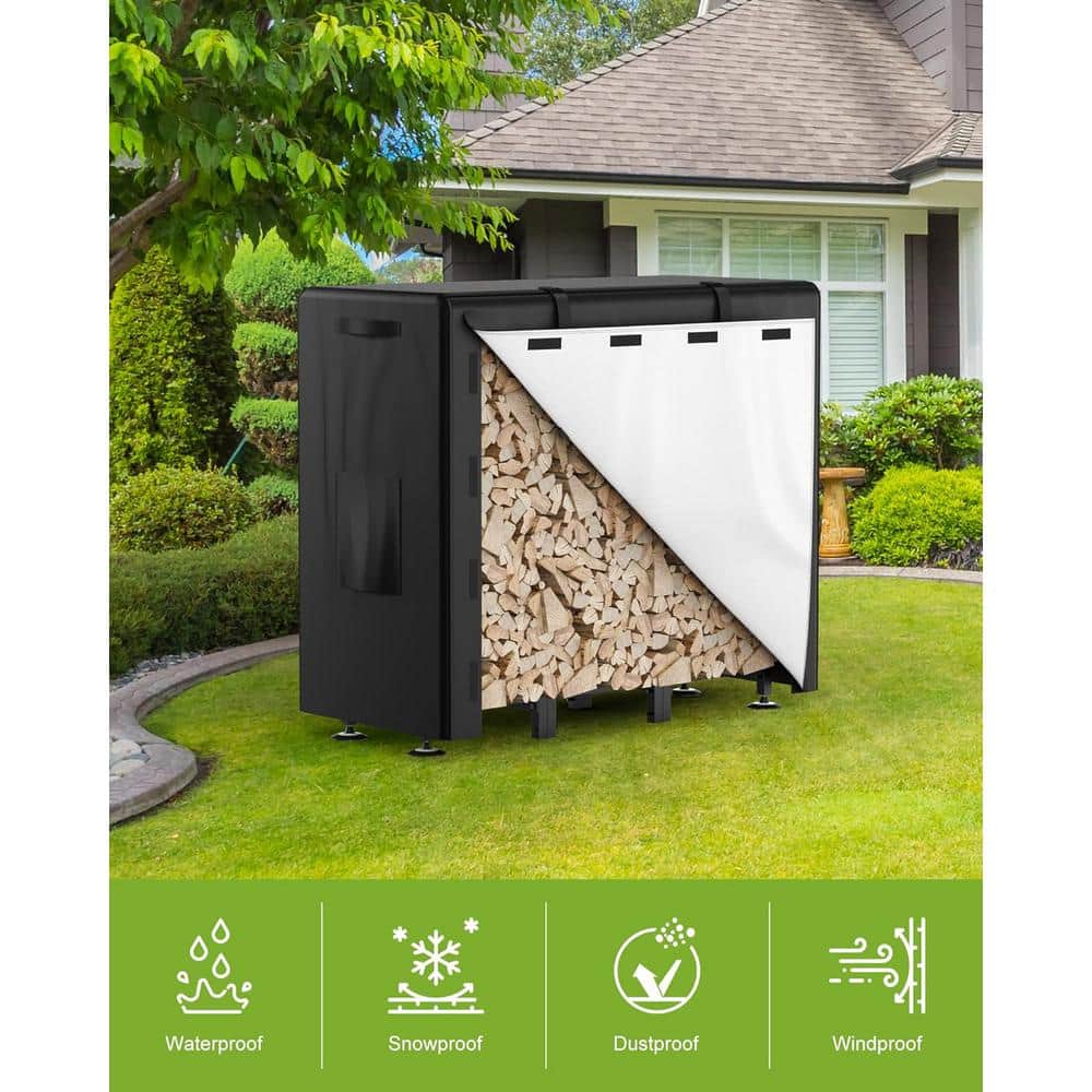 4 ft Black Steel Firewood Rack with Waterproof Cover