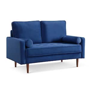 Bolstered Modern 57 in. Blue Solid Velvet Polyester 2-Seat Loveseat with 2-Bolster Pillows