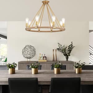 8-Light Gold Circle Candle Design Wagon Wheel Chandelier Hemp Rope Linear Lighting Fixture for Kitchen Island