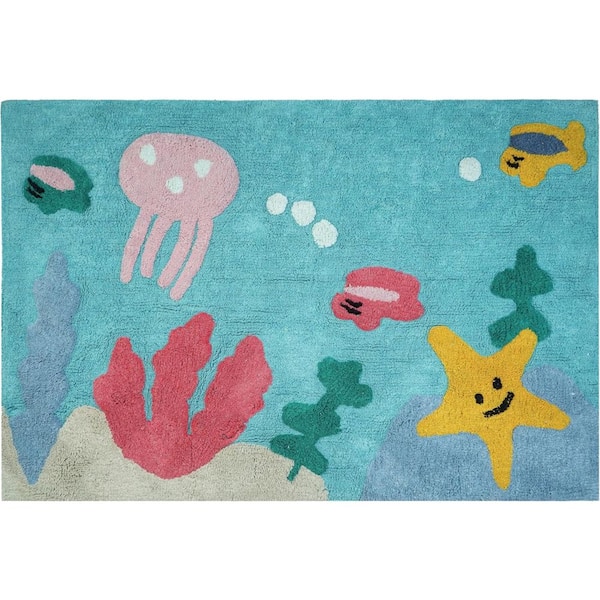 3 ft. x 4 ft. Aqua Yellow And Coral Starfish Youthful Washable Area Rug