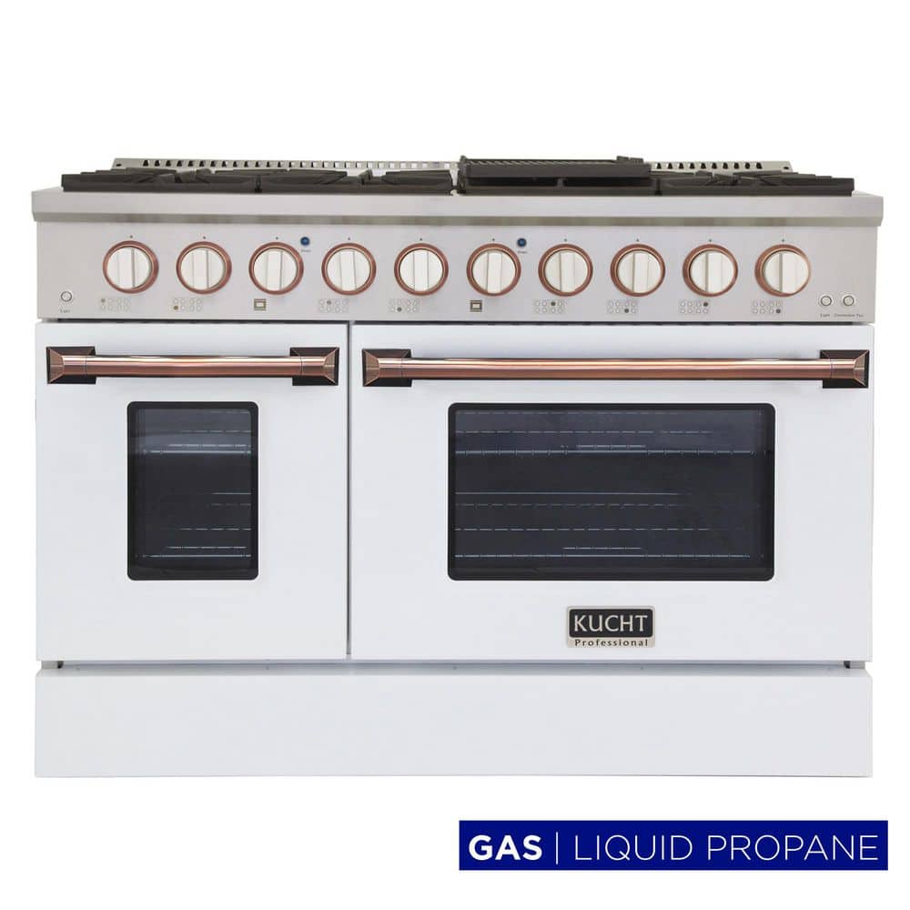 Custom KNG 48 in. 6.7 cu. ft. LP Ready Double Oven Gas Range with 8 Burners and Convection Oven in White and Rose Gold price history on PriceWatchPro