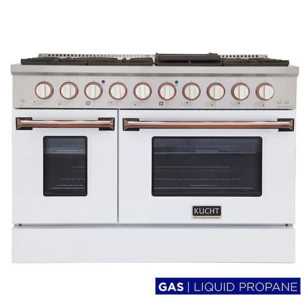 Custom KNG 48 in. 6.7 cu. ft. LP Ready Double Oven Gas Range with 8 Burners and Convection Oven in White and Rose Gold