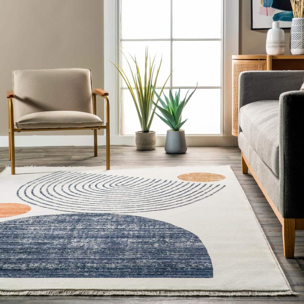 Beige Abstract Synthetic Washable Area Rug with Fringe