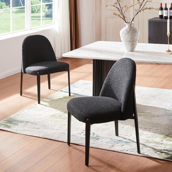 Modern Aesthetic Black Boucle Upholstered Dining Chair with Metal Legs Armless Set of 2 Kitchen Restaurant Living Room