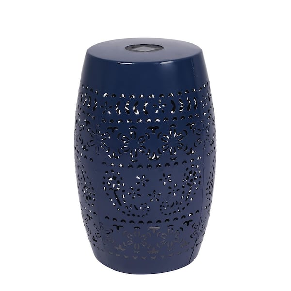 Solar Hollow Pattern Metal Outdoor Decorative Stool Courtyard Terrace Multi-Purpose, Dark Blue Side Table