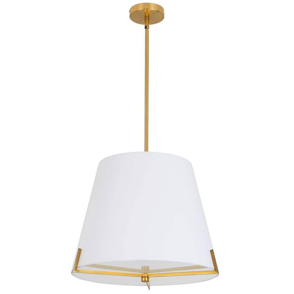 Preston 4-Light Aged Brass Shaded Pendant Light with White Fabric Shade