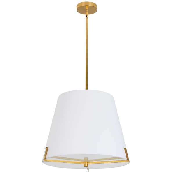 Dainolite Preston 4-Light Aged Brass Shaded Pendant Light with White Fabric Shade