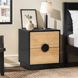 17.7 in. Multi-Colored Boho 2-Drawer Black Side Table with Bamboo Strips