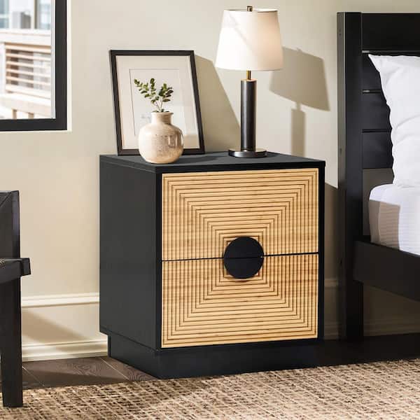 LuxenHome 17.7 in. Multi-Colored Boho 2-Drawer Black Side Table with Bamboo Strips
