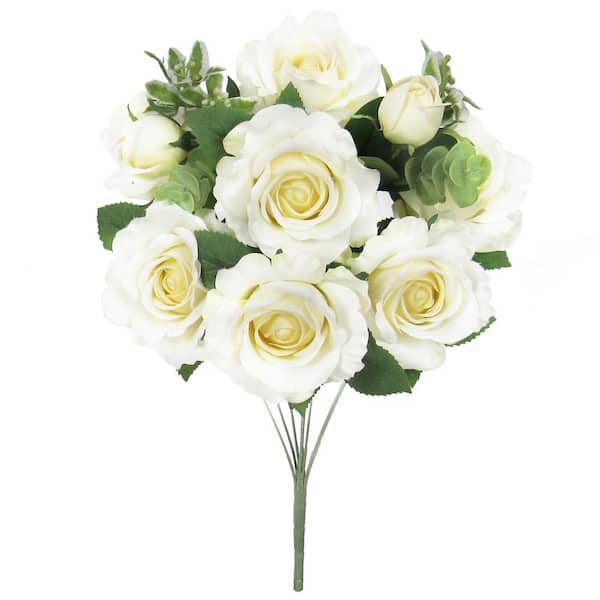 LIVING LUXURY 20 in. Deluxe Cream White Artificial Sweet Rose Flower Stem Bush Bouquet (Set of 2)