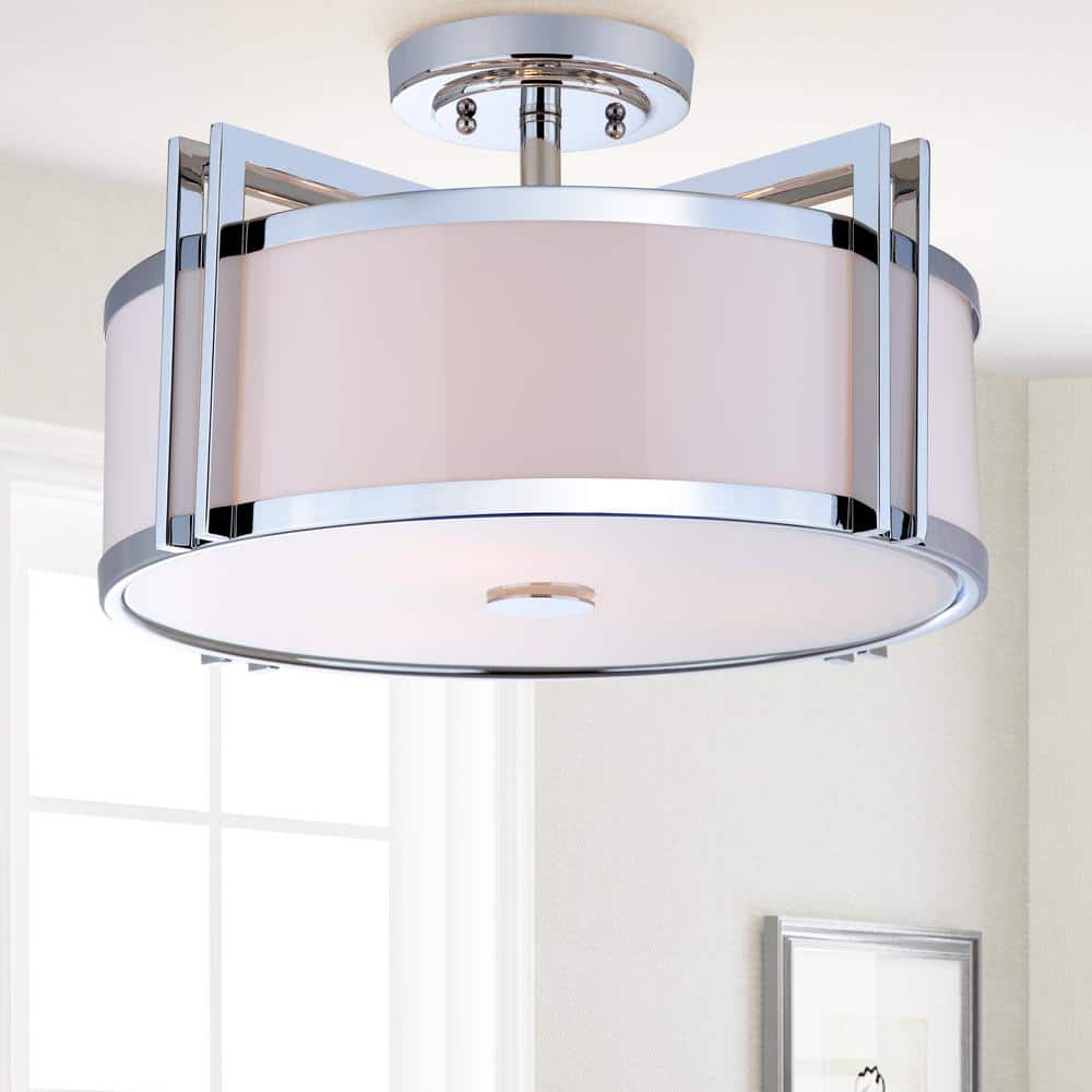 Contemporary Chrome 17'' Drum Ceiling Light with Cream Shade