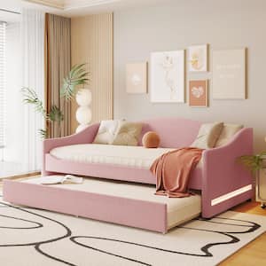Pink Wood Frame Twin Size Teddy Fleece Upholstered Daybed with LED Lights, Twin Size Trundle