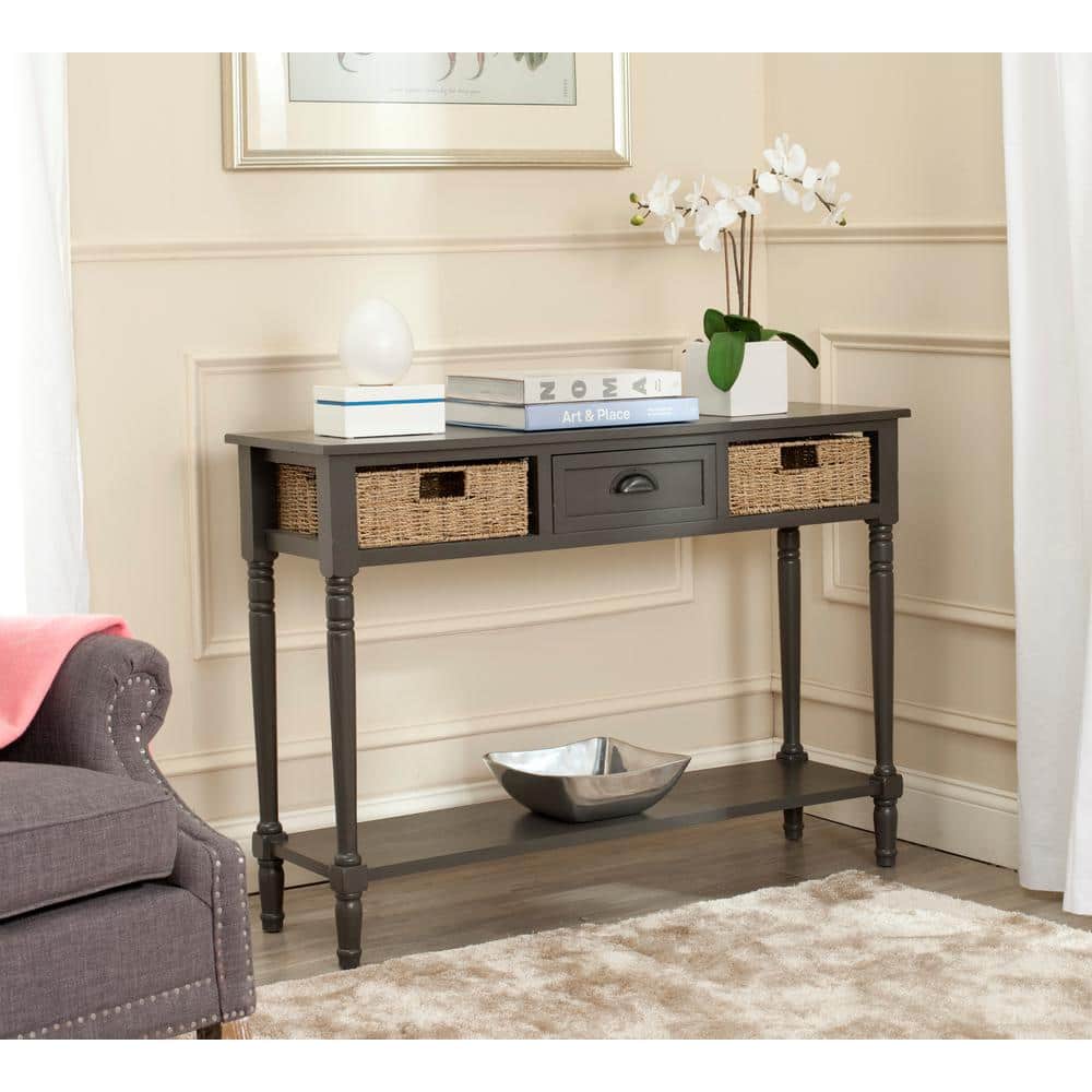 Gray Transitional Wood Console Table with Wicker Storage