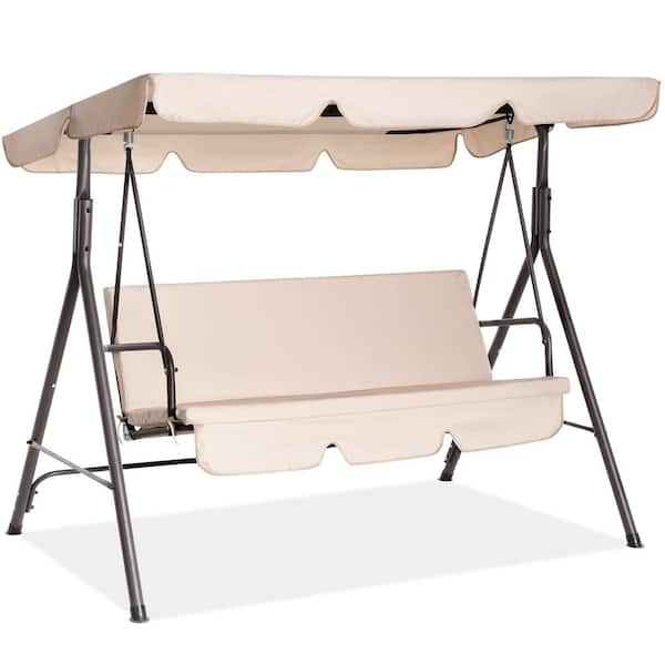 JEAREY Outdoor 3-Person Steel Porch Swing with Adjust Canopy in Beige