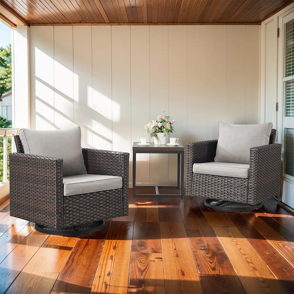 U-Foot 3-Piece Brown Swivel Glider Wicker Outdoor Rocking Chair with Beige Cushions and Side Table