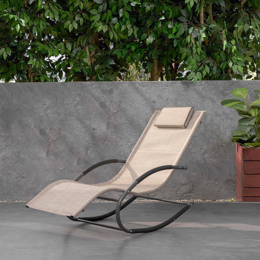 Beige Textilene Curved Rocker Chaise Lounge with Pillow