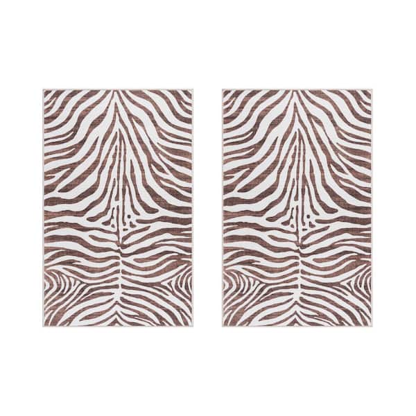 Gertmenian Crystal Print Zebra Ivory/Brown 2 ft. x 4 ft. Striped Digitally Printed Polyester Area Rug (2-Pack)