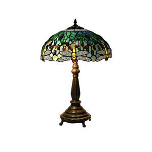 22 in. Antique Bronze Dragonfly Stained Glass Table Lamp with Pull Chain