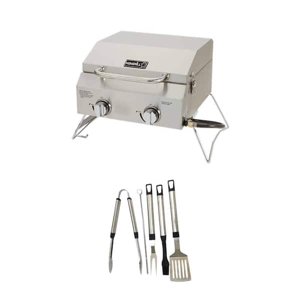 Nexgrill 2-Burner Portable Propane Gas Table Top Grill in Stainless Steel Plus Tool Set
