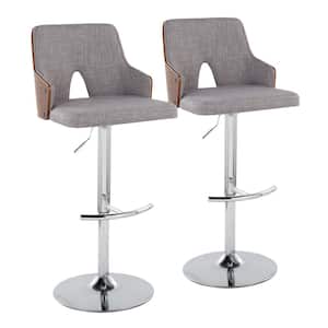 Stella 34 in. Light Grey Fabric, Walnut Wood and Chrome Metal Adjustable Bar Stool with Rounded T Footrest (Set of 2)